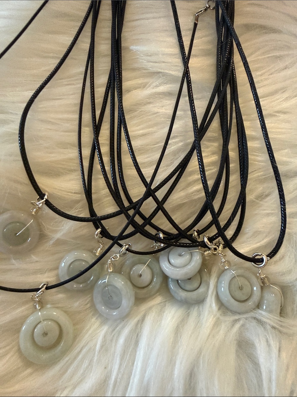 Polished Light Grey Jade Donut Necklace on Black Cord
